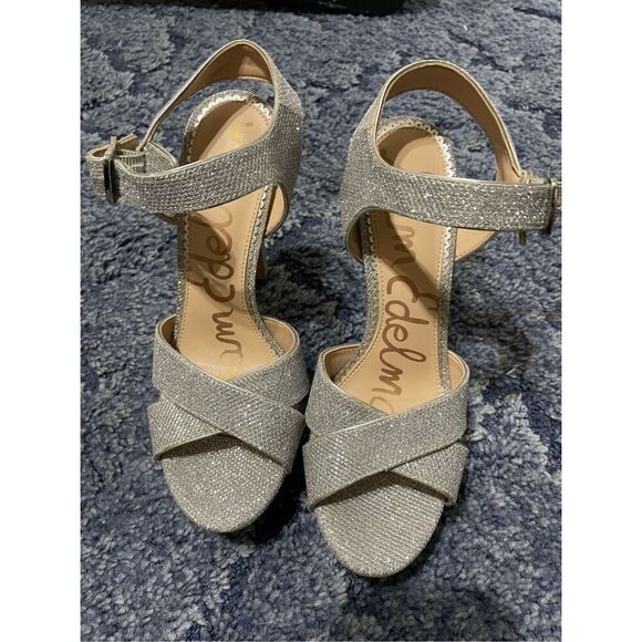 Sam Edelman Yancy Metallic Textured Block Heel Open Peep Toe Women’s 9.5 - Picture 1 of 8